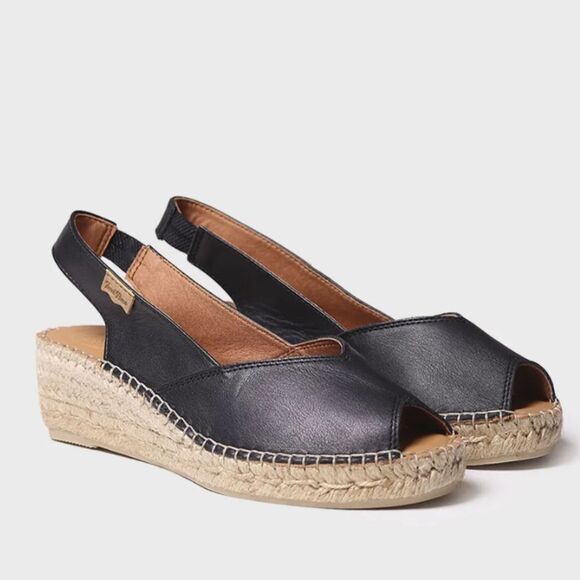 Toni Pons BERNIA-P Black Leather Wedge Espadrilles 35 US 5 Peep Toe Slingback - Picture 1 of 1